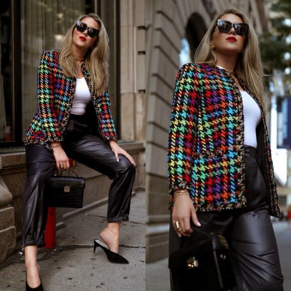 Alice + Olivia Andreas Frayed-Edge Houndstooth Tweed Jacket Size XS Rainbow - Picture 6 of 10